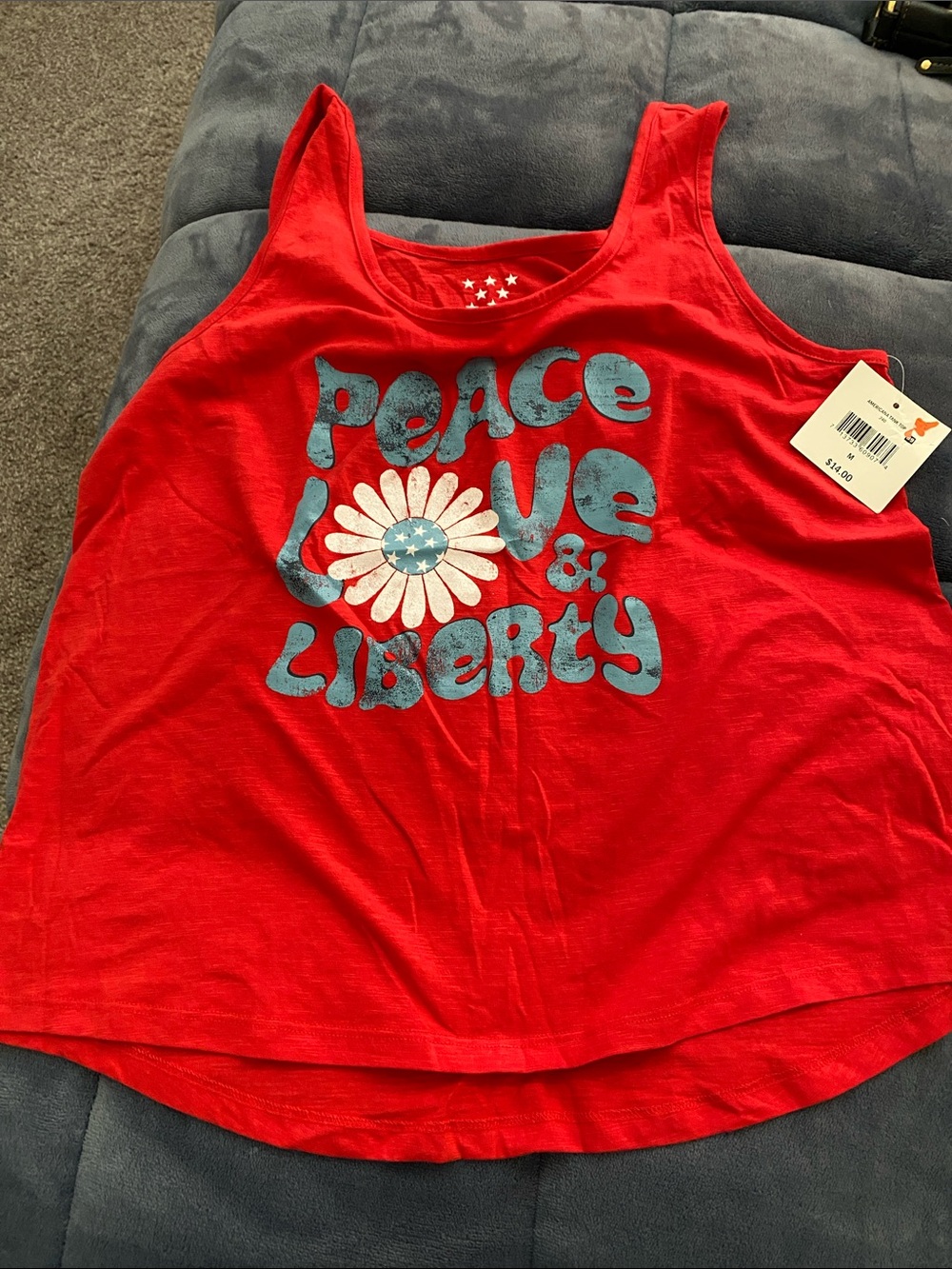 Women’s Red Graphic Tank Top - Peace Love & Liberty Daisy Print